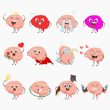 Brain cartoon characters making sport exercises and different activities design vector