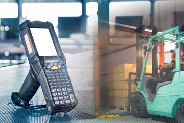 double exposure of distribution warehouse center with bar code scanner and forklift loading cargo shipment into a truck.