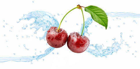 Fototapeta na wymiar Fresh cold pure cherry flavored water wave splash isolated on white. Clean infused water or liquid fluid 3D wave splash with cherries design element. Healthy flavored soft drink splash label design