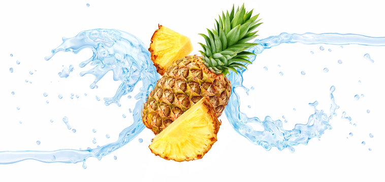 Fresh cold pure pineapple water with pineapple slices and 3D waves splash isolated on white. Pineapple water or cocktail wave swirls design elements. Healthy flavored detox drink splash label