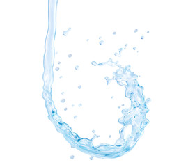 Fresh pure blue water splash. Clean transparent water, liquid fluid wave in translucent splashes form isolated on white background. Healthy drink fluid 3D splash advertising design element