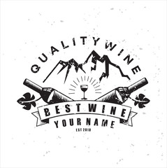 Mountain vintage style wine theme logo. Elegant logotype template Emblem for wine, restaurant menu, winery branding. Wine logo with a vintage mountain theme using grunge effects.