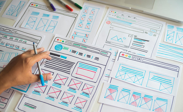 Website designer Creative planning application developer development draft sketch drawing template layout prototype framework wireframe design studio . User experience concept .