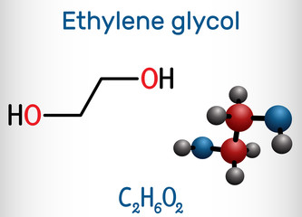 Ethylene glycol, diol molecule. It is used for manufacture of polyester fibers and for antifreeze formulations. Structural chemical formula and molecule model