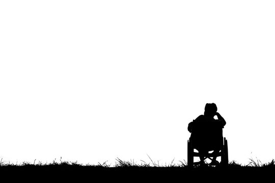 Silhouette The elderly sit on the wheelchair on white background.