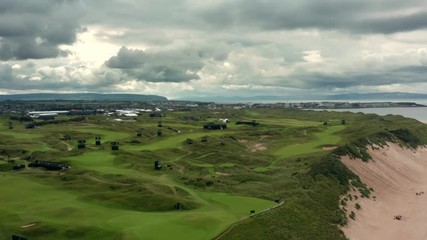 Portrush golf course aerial with beach and dunes in Northern Ireland