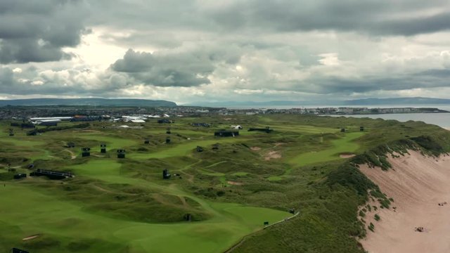 Portrush golf course aerial with beach and dunes in Northern Ireland