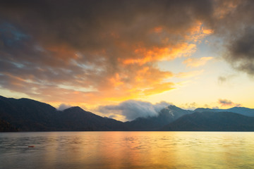 Lake Chuzenji in Nikko, Japan at sunset.