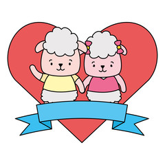 cute couple sheep animals heart love ribbon
