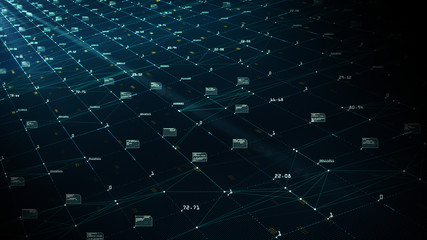 Obraz premium Big data visualization concept. Machine learning algorithms. Analysis of information. Technology data and binary code network conveying connectivity.