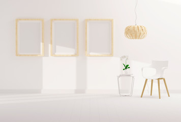 Three empty photo frame for mockup in modern living room, 3D render, 3D illustration