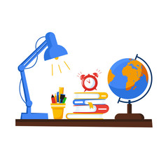 Banner with education supplies. Back to school. Stack of books, globe, lamp, stand with pencils and wake up clock. Alarm clock is ringing. School desk. Vector illustration in flat style.