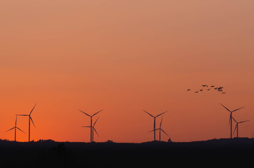 Obraz premium Silhouette Wind turbines power generator on hill