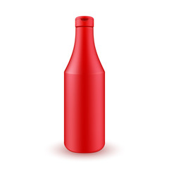 Traditional plastic tomato ketchup bottle isolated on white background