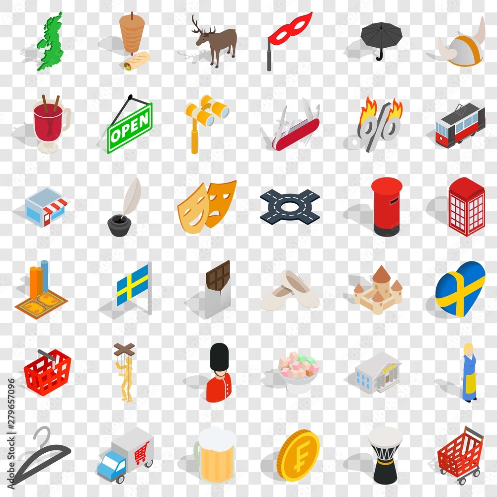 Poster sweden icons set. isometric style of 36 active style vector icons for web for any design
