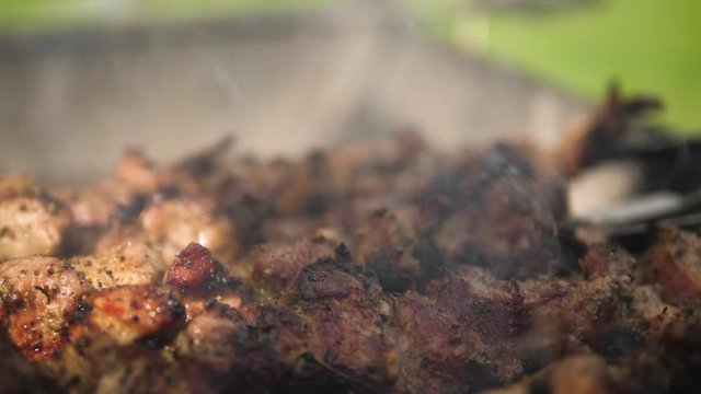 Grilling Marinated Shashlik Skewered Meat On A Grill BBQ. Beef Prepared On Fire. Barbecue Party In Slow Motion