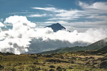 Foto op Canvas Lanscape near EN3 longitudinal road northeast of Mount Pico and the silhouette of the Mount Pico along , Pico island, Azores, Portugal. © Mathias