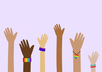 Gay pride concept. Hand with gay pride LGBT rainbow flag wristband. Lgbt flag rainbow heart shape. 