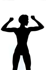 strong muscular bodybuilder with raised arms demonstrating her muscles, biceps. close up portrait. isolated white background, healthy lifestyle. fitness, female strength, wellness, wellbeing