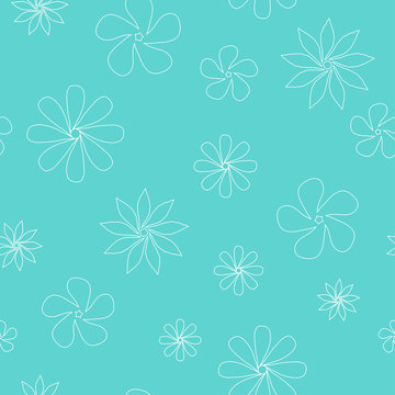 Vector seamless pattern of white outlined flowers on the tiffany blue background