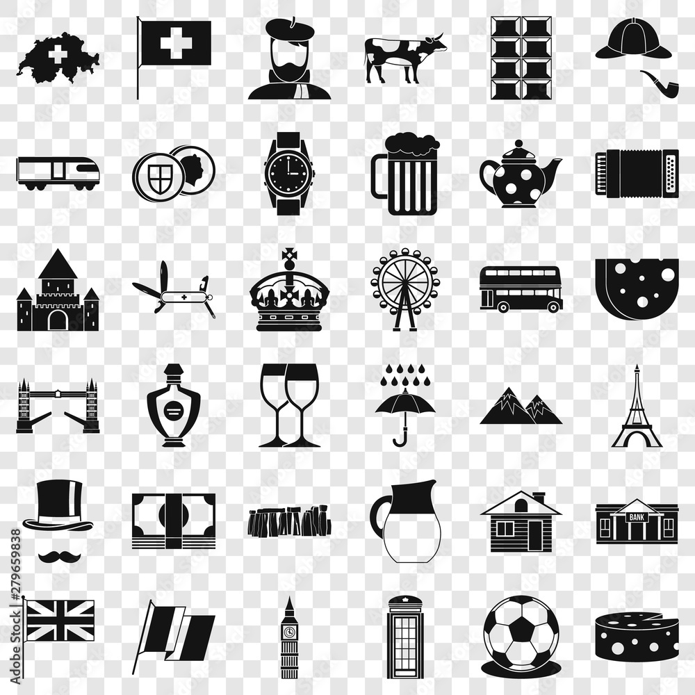 Poster swiss icons set. simple style of 36 swiss vector icons for web for any design