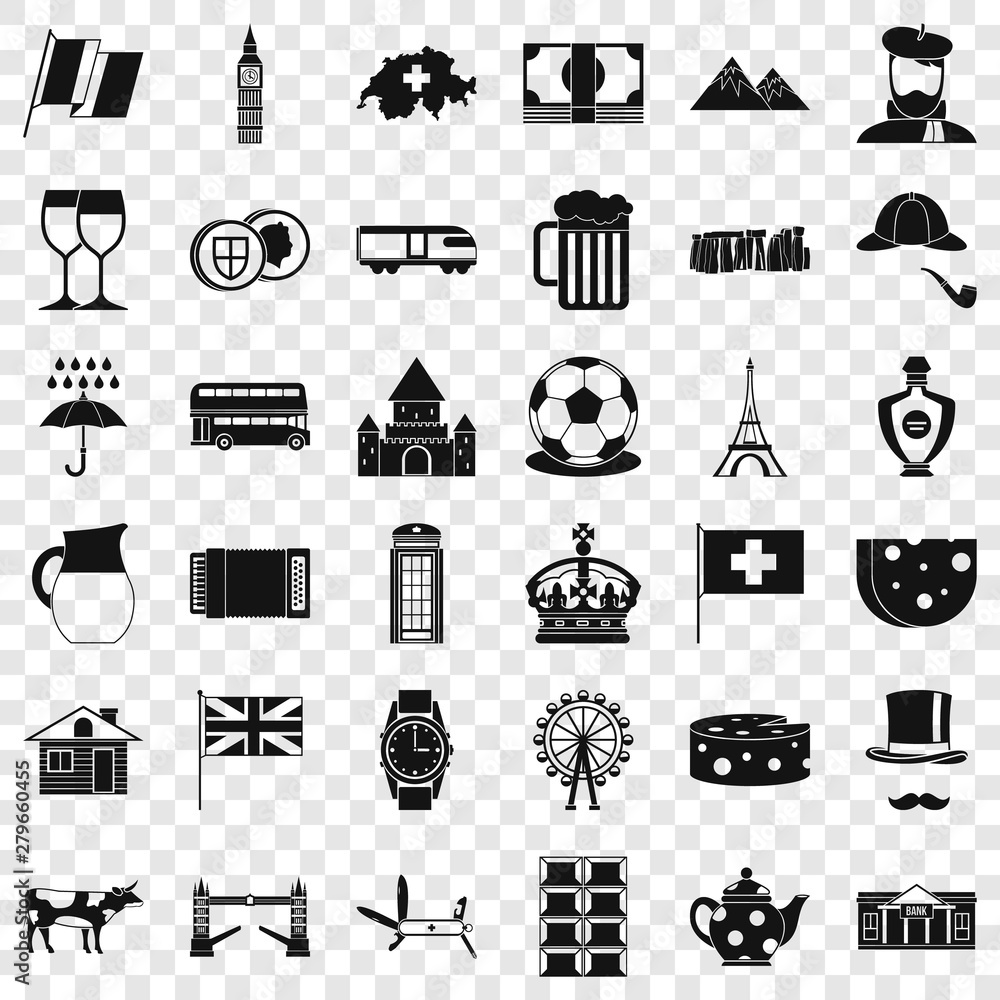 Poster paris icons set. simple style of 36 paris vector icons for web for any design