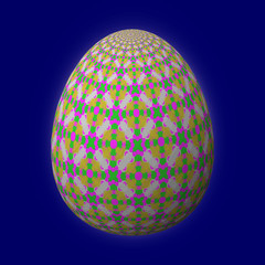 Happy Easter - Frohe Ostern, Artfully designed and colorful easter egg, 3D illustration on blue background