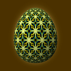 Happy Easter - Frohe Ostern, Artfully designed and colorful easter egg, 3D illustration on brown background