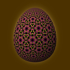 Happy Easter - Frohe Ostern, Artfully designed and colorful easter egg, 3D illustration on brown background
