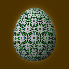 Happy Easter - Frohe Ostern, Artfully designed and colorful easter egg, 3D illustration on brown background