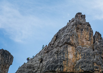 20 July 2019, Cinque Torri (Cortina d'Ampezzo, Italian dolomites): Climbers on the dolomitic walls of the Cinque Torri