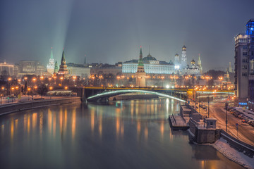 Fototapeta na wymiar Russia, Moscow, night view of the Moskva River, Bridge and the Kremlin