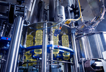 Bottling line of sunflower oil in bottles. Vegetable oil production plant. High technology.