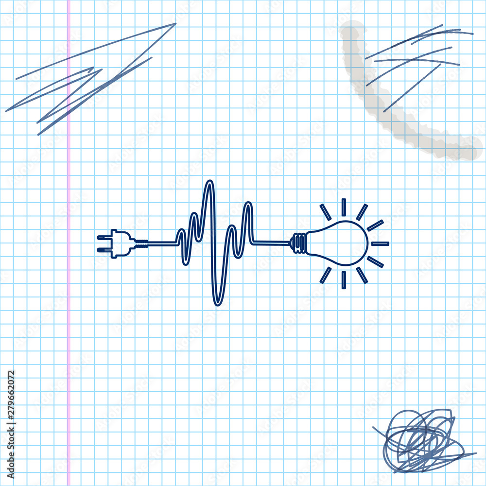 Poster wire plug and light bulb line sketch icon isolated on white background. plug, lamp and cord in the f