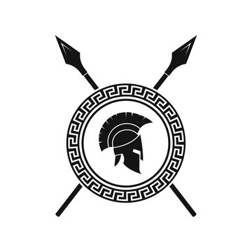 Spartan helmet, shield and spears illustration. Vector.