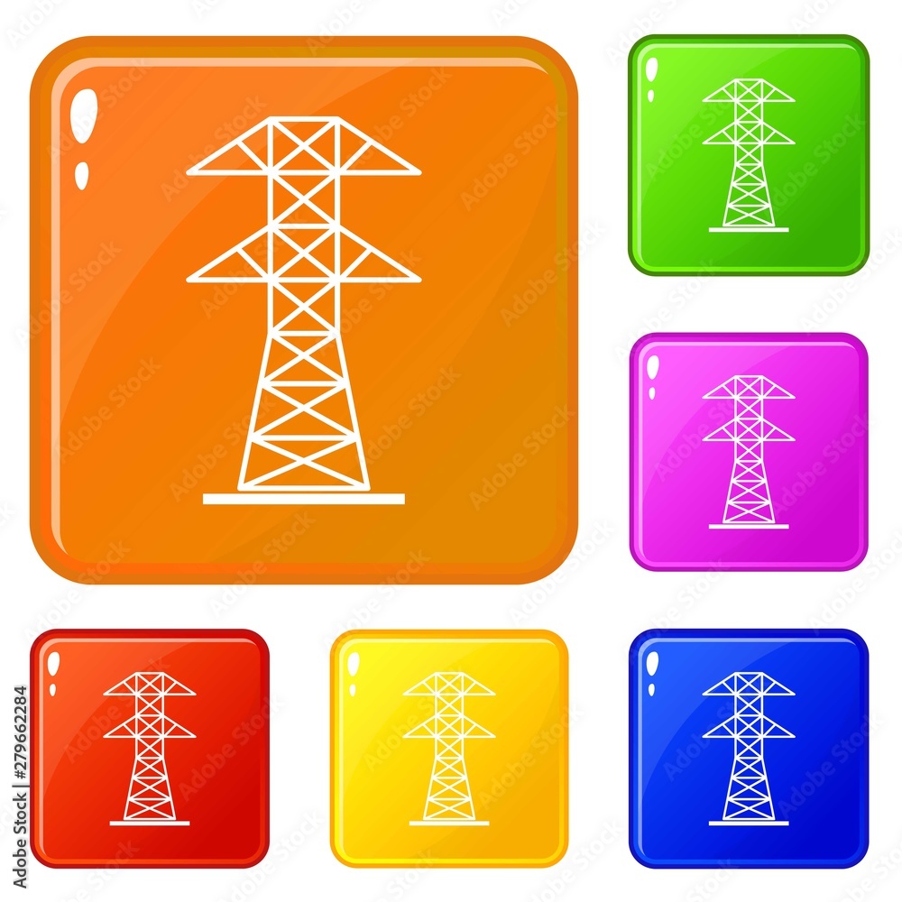 Poster high voltage tower icons set collection vector 6 color isolated on white background