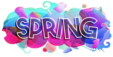 Colorful decorative banner, an element with an inscription of Spring. Creative vector illustration.