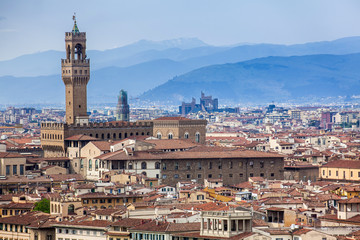Fototapeta na wymiar View of Palazzo Vecchio and the beautiful city of Florence from Michelangelo Square