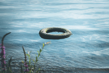 Environmental pollution: old tyre is lying in the water, coastline © Patrick Daxenbichler