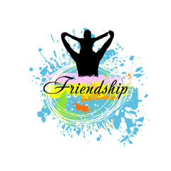 Dad and son silhouette. The boy sits on his father's shoulders and hold both hands. Friendship. Vector illustration