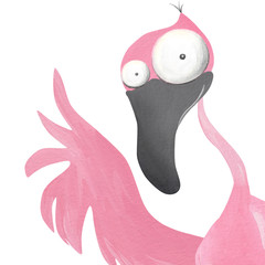 Funny flamingo portrait. Hello flamingo. Hand drawn illustration - obrazy, fototapety, plakaty