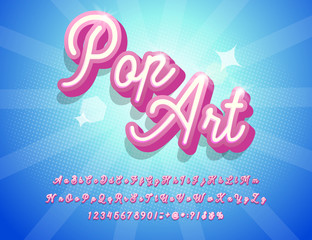 Pop art. 3D script font. Pink and blue color. Modern script lettering text design. Wallpaper. Vector illustration.