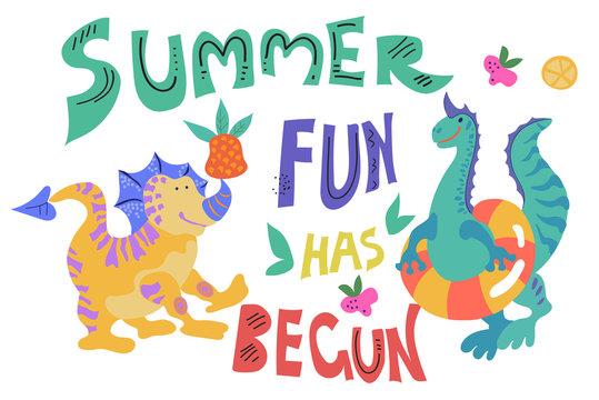 Cute dinosaurs or dragons on the beach or swimming  pool with summer slogan vector illustration. Poster or banner template to illustrate summer fun.