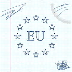 Flag of European Union line sketch icon isolated on white background. EU circle symbol. Waving EU flag. Vector Illustration
