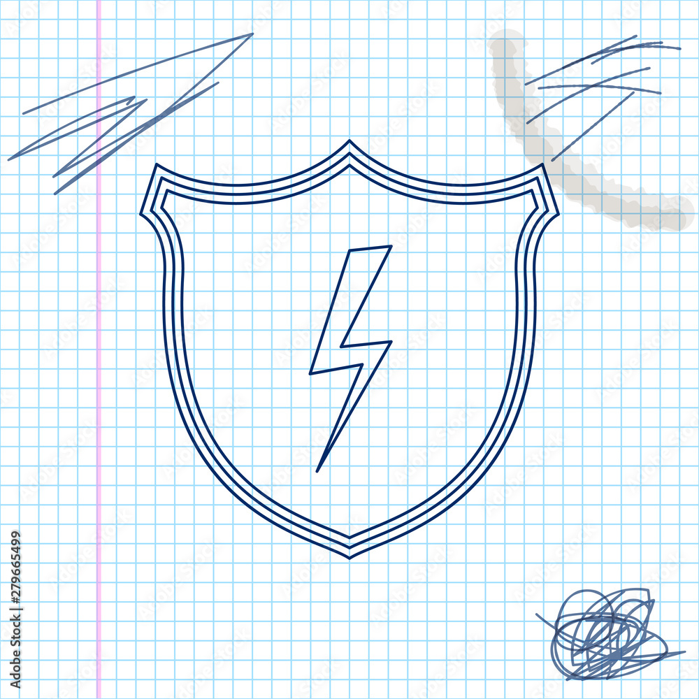 Poster secure shield with lightning line sketch icon isolated on white background. security, safety, protec