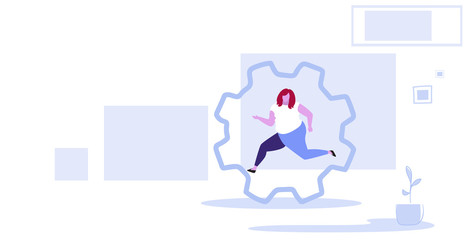 fat obese woman running in cog wheel hardworking process concept over size girl office worker inside corporate machinery gearwheel cabinet interior sketch horizontal full length