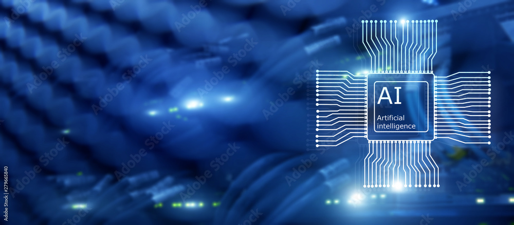Poster artificial intelligence future technology. communication network concept. blurred modern datacenter 