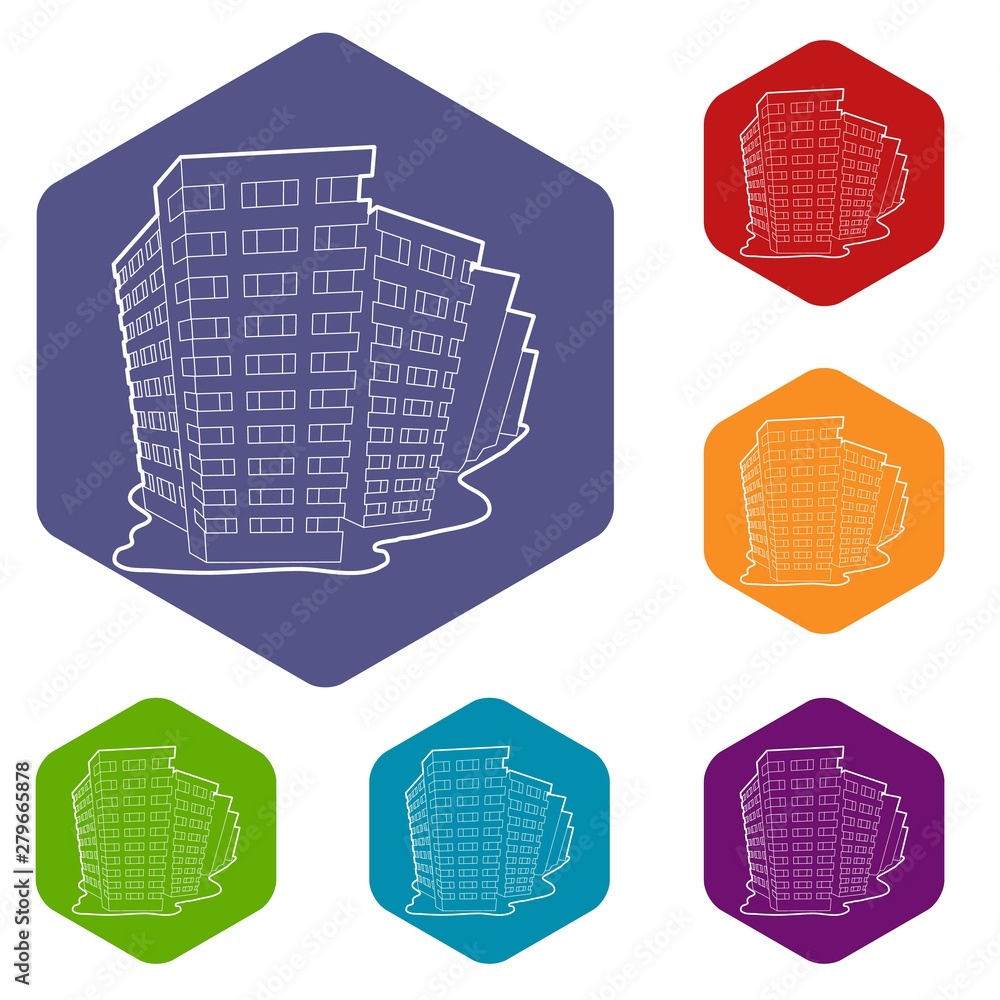 Poster building icons vector colorful hexahedron set collection isolated on white
