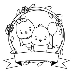cute couple chicks animals wreath flowers