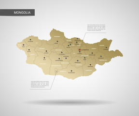 Stylized vector Mongolia map.  Infographic 3d gold map illustration with cities, borders, capital, administrative divisions and pointer marks, shadow; gradient background. 